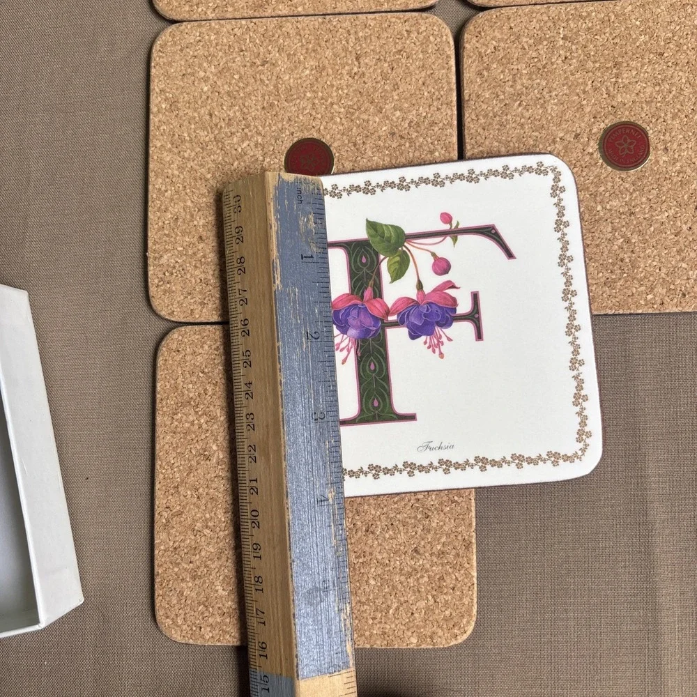 Pimpernel Set of 6 Letter F Fuschia  Coasters Cork Back in original box England